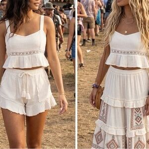 Roxy TOP ONLY Cream Eyelet Ruffle Crop Tank Top